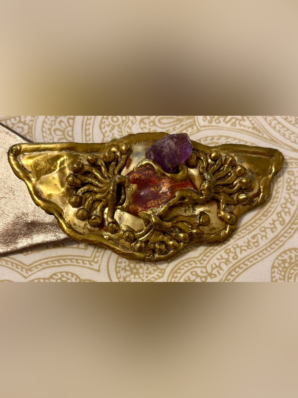 Gold Leather Belt with Large Purple Amethyst. Designer- Copa Collection